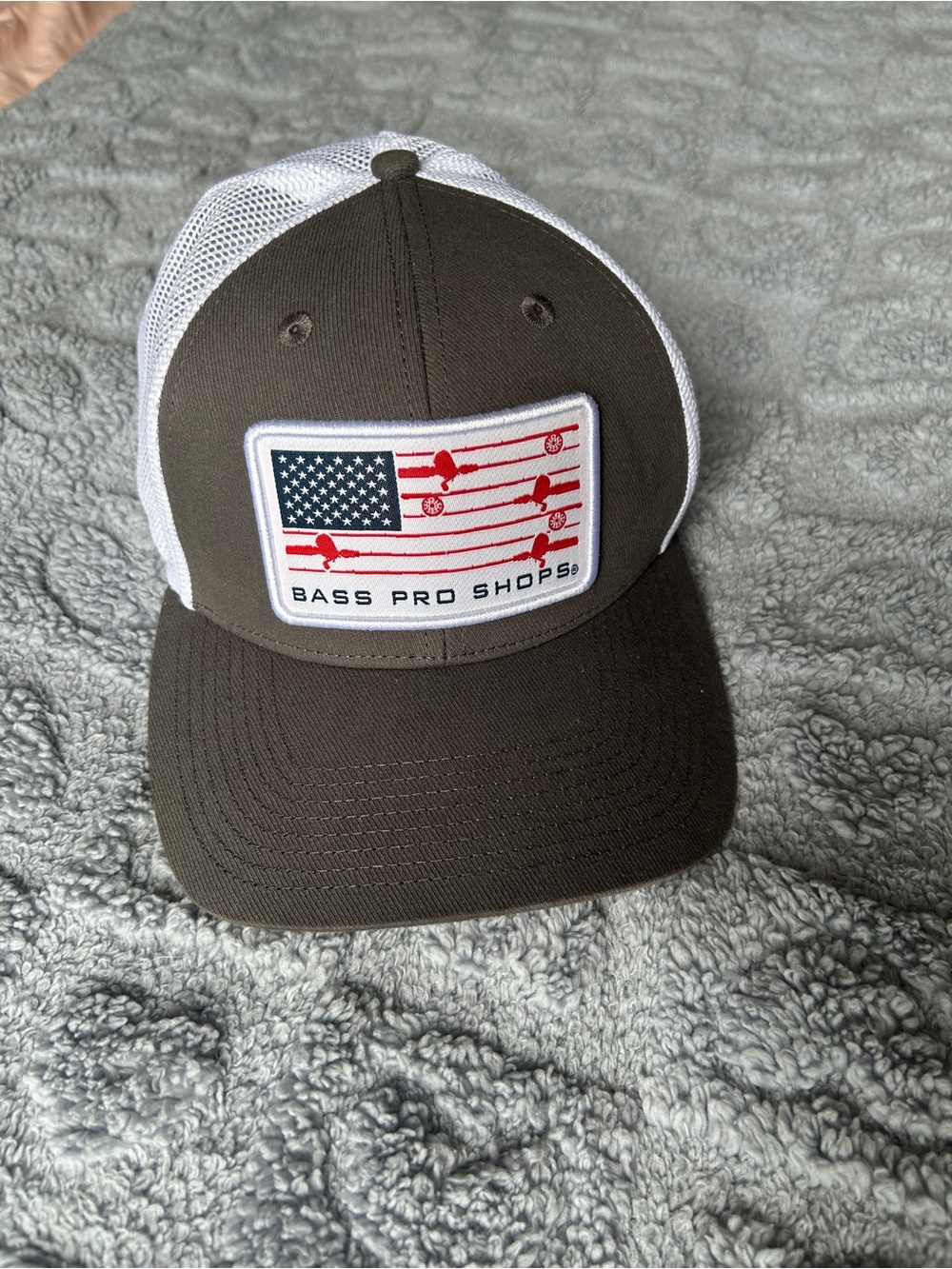 Bass Pro Shops Gray/White Mesh Trucker Hat with Flag Patch